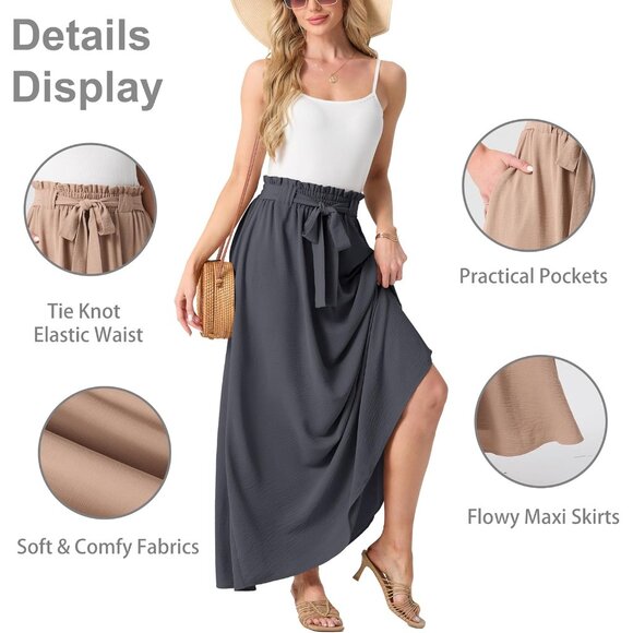 Elegant Women's Boho Floral Maxi Skirt - Comfortable High Waisted Design, Grey - Picture 2 of 5